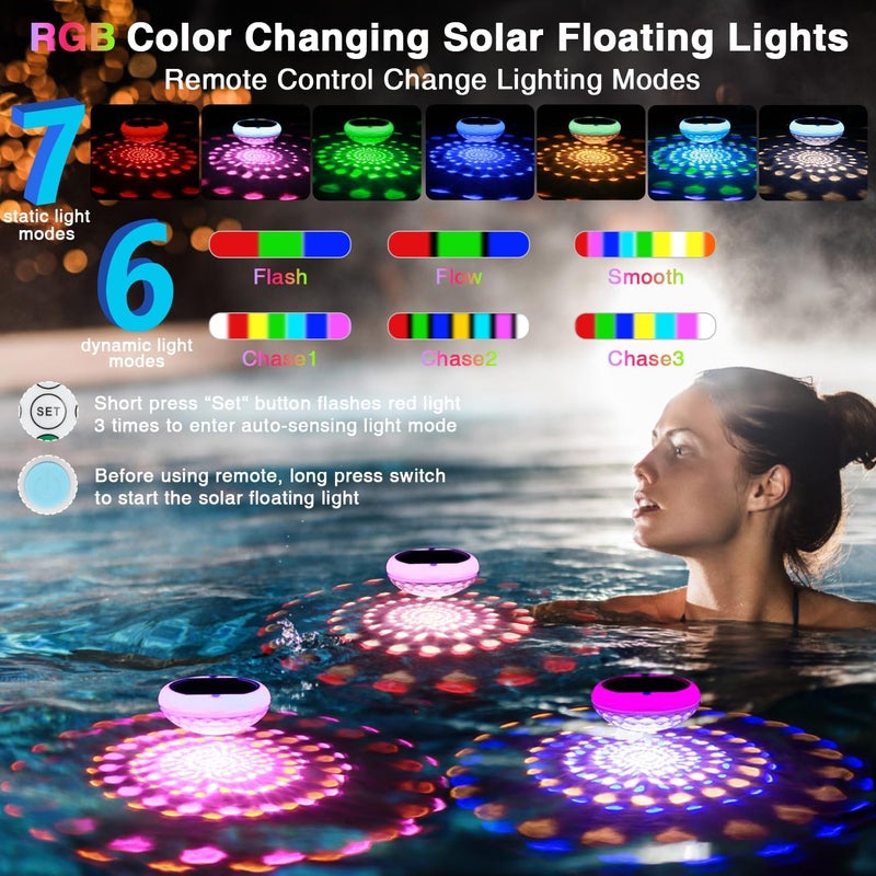 QOLNBY 2-in-1 Solar Powered USB Rechargeable Floating Pool Lights, 6.69 Inch IP68 Waterproof 2600mAh Pool Lights 6 Dynamic Modes with Remote Upper and Lower Glow Hangable for Backyard Pond 4 PCS - Image 3